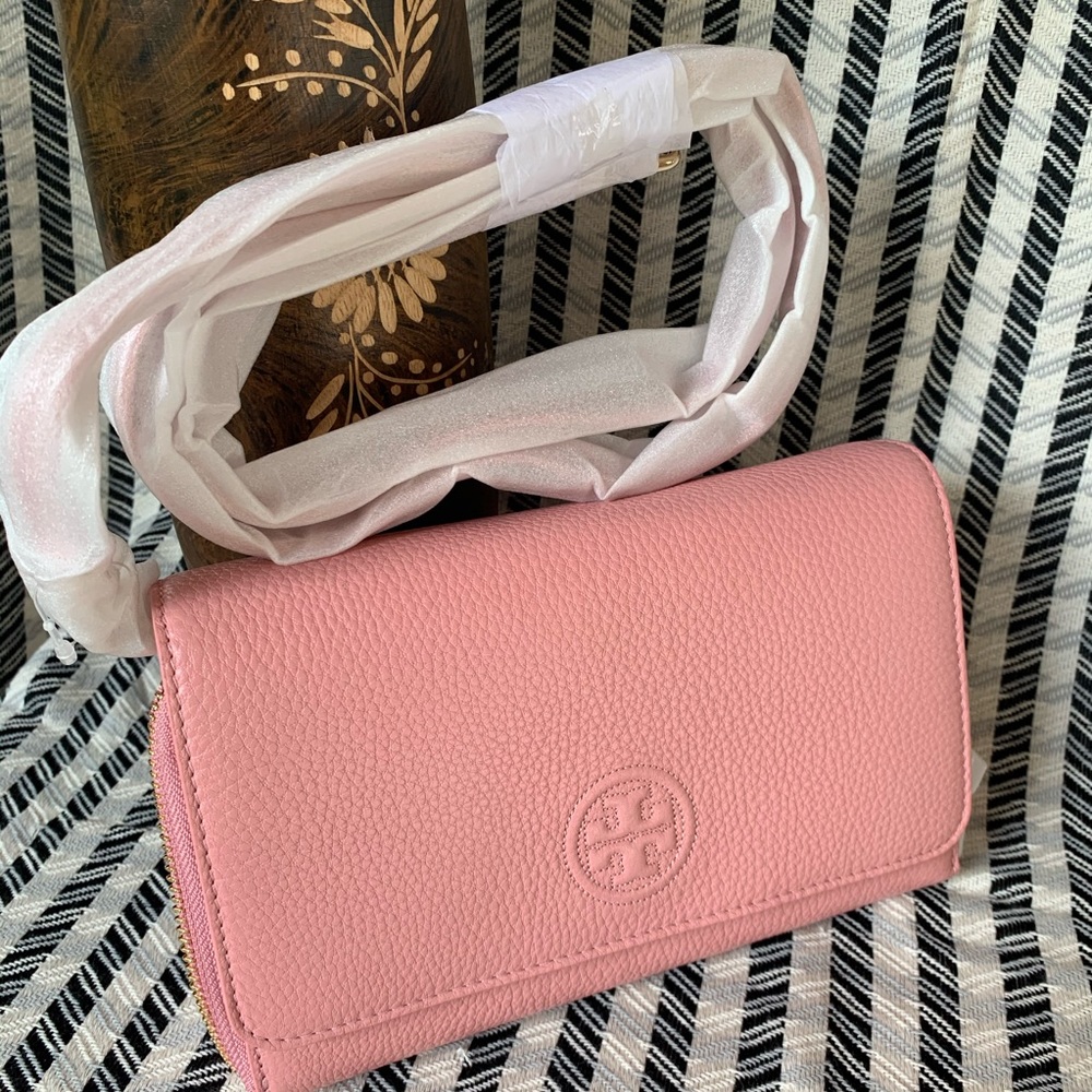 Tory Burch bombe flat wallet crossbody cameo pink - Picture 2 of 8